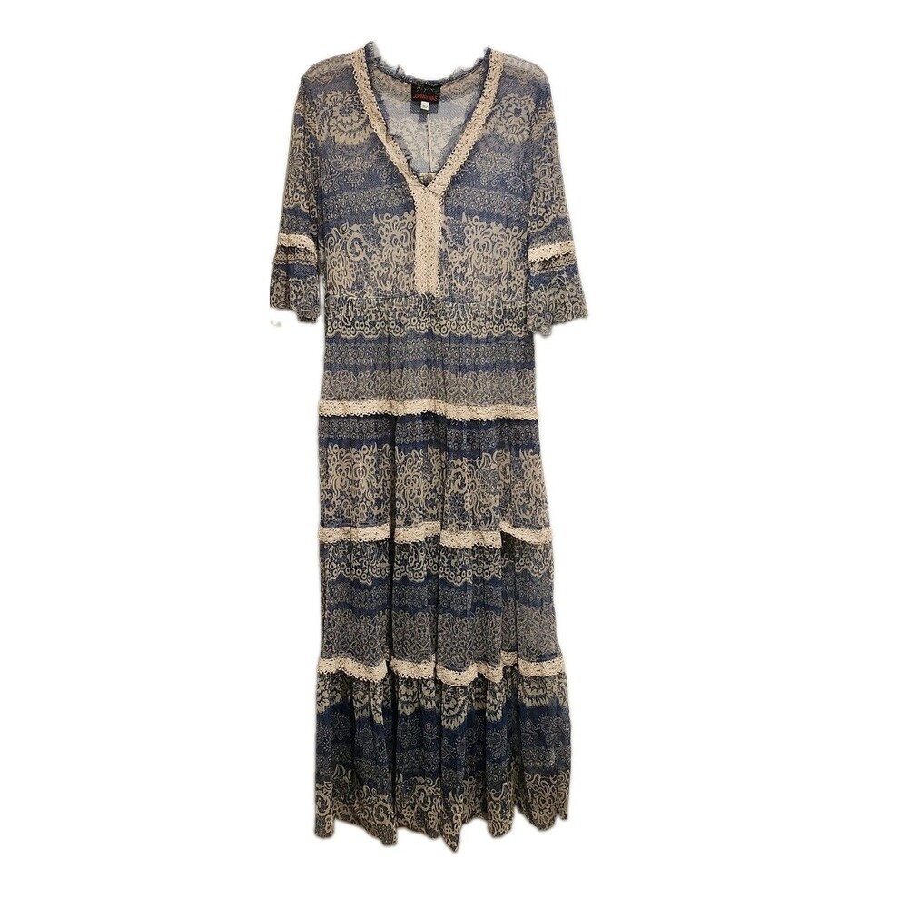 Johnny Was Biya Mazzy Crochet Maxi Dress Blue Lace Boho Sheer Medium NWT